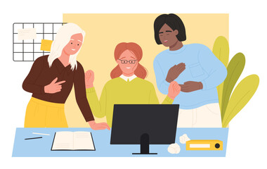 Office conversation and productive business teamwork vector illustration. Cartoon happy workers communicate at computer desk, young joyful professional female characters talk about project success