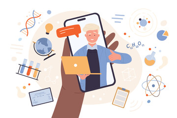 Online classes or courses, tutorials mobile app vector illustration. Cartoon hand of learning student holding phone with teacher or professor on screen, man holding laptop and showing thumbs up