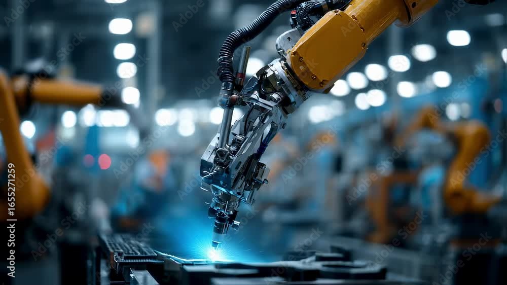 Poster precision welding robot in action at a modern industrial facility with a focused robotic tool and bl