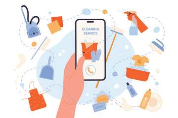 Cleaning service vector illustration. Cartoon hand holding phone to call to cleaning company and order housekeeping work of professional janitors, disinfect with chemical detergent and laundry
