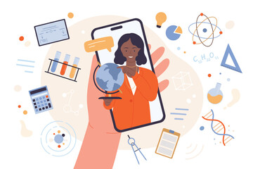 Online video lesson, distance education vector illustration. Cartoon hand holding mobile phone with female teacher and globe on screen, professor teaching science to student in virtual lecture