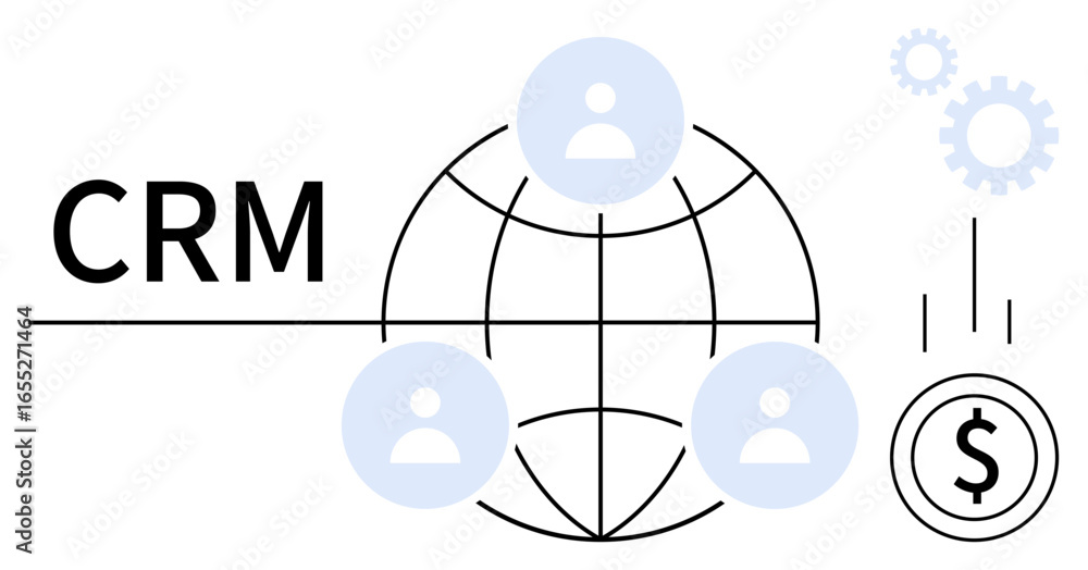 Poster crm text with globe connecting user icons, gears representing strategy, dollar coin symbolizing prof