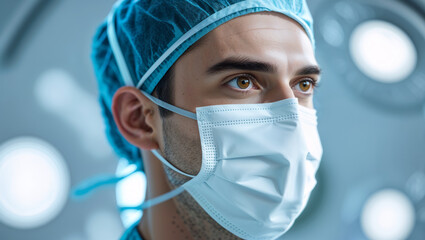 A focused surgeon wearing a mask in a hospital setting, ready for surgery.