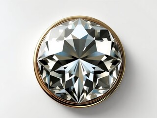 Close up of a round cut diamond gemstone set in a gold bezel on a white background surface