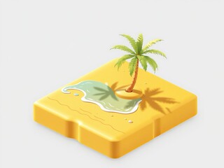 Isometric view of a yellow island with a palm tree and water on a white background scene