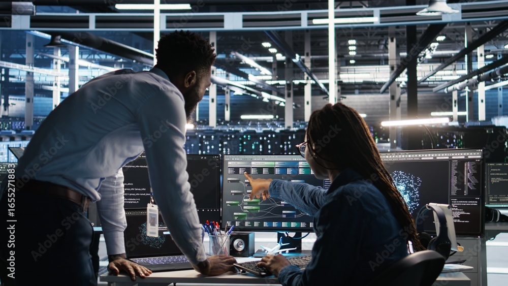 Poster data center manager supervising engineer using node tree tool to identify equipment performance issu
