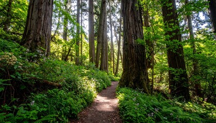 Fototapeta premium Sunlit forest path winds through a lush, vibrant green woodland, highlighting towering trees and the vibrant undergrowth.
