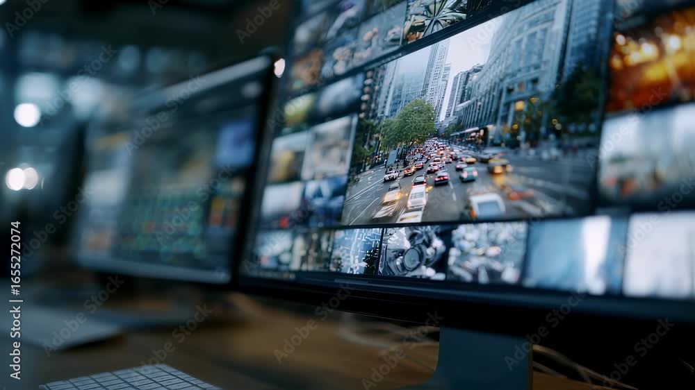 Poster medium shot of a digital interface showcasing realtime ai autotagging of news footage within a cloud