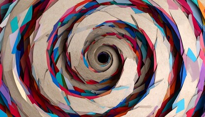 A vibrant, swirling vortex of multicolored, layered shapes creates a mesmerizing, abstract design.