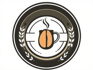 A coffee bean inside a mug with steam and a black circle border with leaves and stars