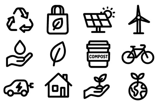 Set of 12 eco-friendly living icons in bold flat vector style, ideal for sustainability projects, green apps, and environmental campaigns.