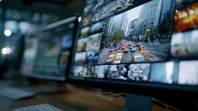 Medium shot of a digital interface showcasing realtime AI autotagging of news footage within a cloud newsroom CMS main screen in sharp focus and surrounding workspace gently