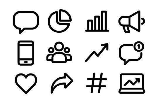 12 outline vector icons for retro-style social media infographics, bold flat design, transparent background, great for UI, websites and apps.