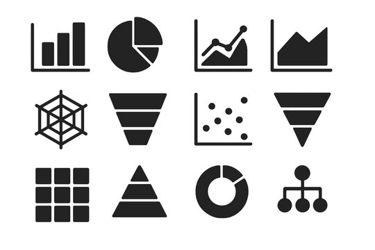 Bold outline infographic icon set with various chart types (bar, pie, line, funnel, heatmap, pyramid) ideal for presentations, dashboards, and data visualization. Vector on white background.