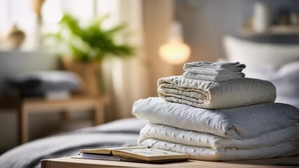 Focused medium shot showing bedding essentials placed atop a washfrequency planner illustrating clear washing guidelines with a softfocus bedroom setting.