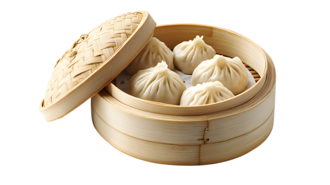 Steamed dumplings in bamboo steamer isolated on a transparent background