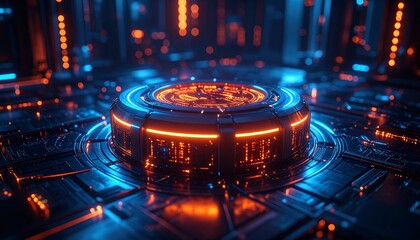 A futuristic, glowing, circular technological device sits atop a complex network of circuit boards, bathed in vibrant orange and blue light.