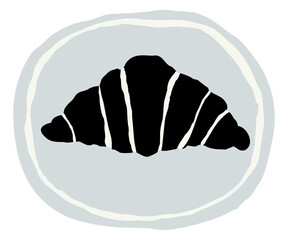 Croissant on the plate. Stylized illustration with quirky shape. Cafe and bakery element. Monochrome simple flat illustration