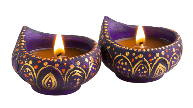 Two ornate purple oil lamps with flames isolated on a transparent background