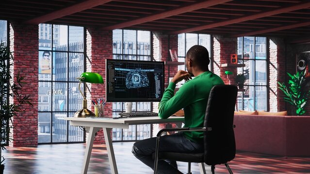 African american technician writes code on AI brain neural network for machine learning, doing maintenance and debugging the software systems. IT expert uses programming language. Camera A.