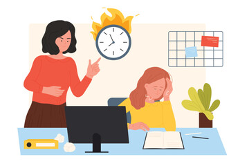Pressure from angry boss to employee vector illustration. Cartoon female manager and leader pointing at office clock on fire, deadline, stress and professional productivity problem of tired woman