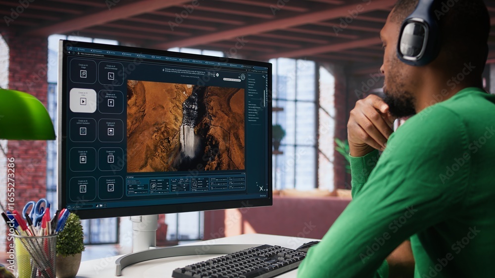 Poster black guy uses deep learning tools to generate video footage from text prompts in a productive home 