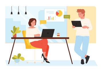Business meeting and conversation of two employees in office interior vector illustration. Cartoon man standing with laptop, woman sitting at desk, smiling and talking about creative idea with partner