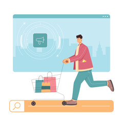 Shopper running with supermarket cart to hurry on sales with low price and discount vector illustration. Cartoon happy male buyer pushing trolley full of shopping bags, shopaholic person with goods