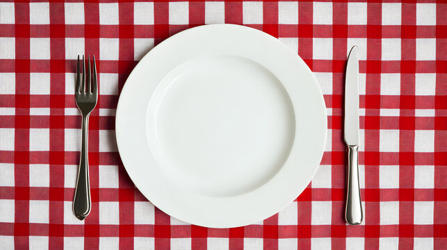 White plate with fork and knife on red checkered tablecloth - Powered by Adobe