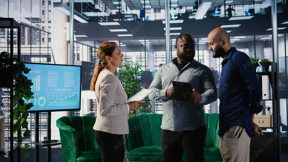 Poster diverse group of ceos applying data analysis and strategic thinking to guide partnership decisions, 