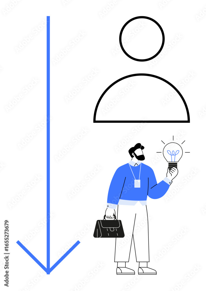 Poster man with a beard and briefcase holds a glowing light bulb beside a large blue arrow and user profile