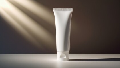 minimalistic composition featuring white tube of sunscreen illuminated by soft light creating serene and calming atmosphere product stands out against neutral background emphasizing its sleek
