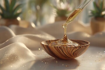 Golden essence dripping from a pipette into a wooden bowl on luxurious fabric