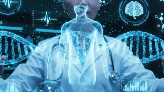 A Female Medical Researcher Manipulates Complex Genetic And Biological Data Using A Futuristic Holographic Interface In A High-Tech Laboratory To Develop Personalized Medicine - Powered by Adobe