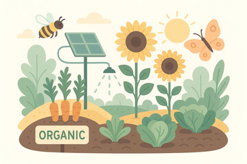 Stylized Flat Vector Illustration of Organic Crops with Solar-Powered Irrigation, Bees, and Butterflies in a Lush Field