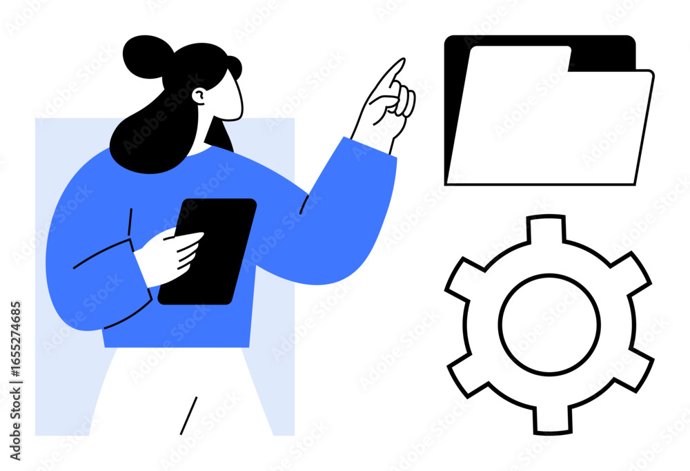 Poster female character with tablet interacting with digital folder and gear symbol. ideal for organization