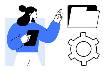 Female character with tablet interacting with digital folder and gear symbol. Ideal for organization, task management, workflow automation, software development, technology, decision-making, simple