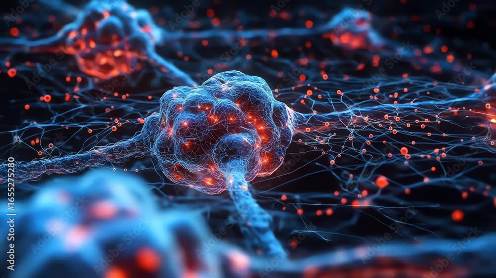Poster futuristic 3d animation of a glowing neural network with electrical signals firing through complex s