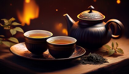 Fototapeta premium two black cups of tea and a small teapot on the background generative ai