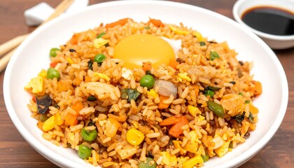A plate of flavorful fried rice, featuring a vibrant array of vegetables, eggs, and a sunny-side-up yolk, sits on a wooden surface.