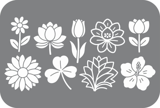 A collection of white floral outlines and silhouettes on a gray background featuring various flower types like daisies tulips lotuses and hibiscus presented in a decorative pattern