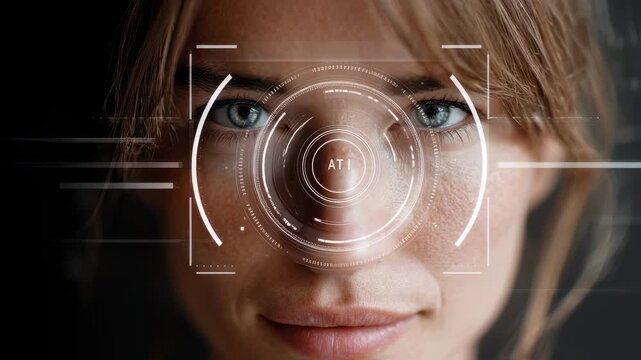 Medium perspective capturing a facial recognition device with an AI nutrition label prominently displayed highlighting algorithmic ingredient disclosure for enhanced privacy and