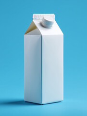 White milk carton with spout on bright blue background, photo
