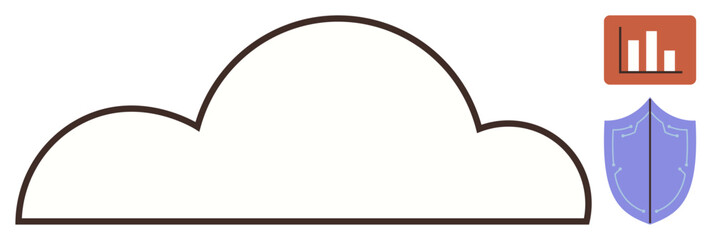 Minimalist cloud graphic with data chart and shield icon symbolizing analytics and cybersecurity. Ideal for technology, IT, data safety, digital storage, cloud services, online protection, modern