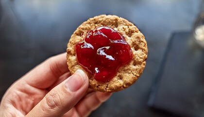 healthy snacks hand holds delicious oat biscuit topped with vibrant red jam perfect for healthy snacks