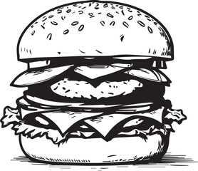 Burger Illustration: A meticulously crafted pen and ink illustration presents a juicy, layered burger. The detailed drawing showcases the classic components - the fresh bun, savory patty.