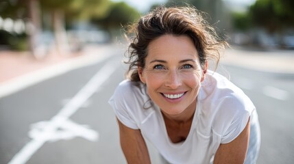 Happy Mature Woman Smiling Outdoors Active Lifestyle Fitness Running Healthy Beautiful Energetic Positive Summer Daytime Portrait Photography Image Sun Girl Road Face    