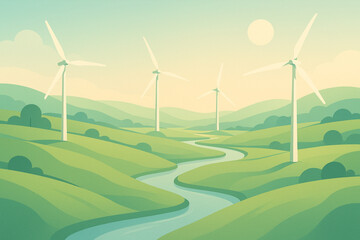 Fototapeta premium Stylized Flat Vector Illustration of a Scenic Countryside — Rolling Green Fields, Rivers, and Wind Turbines in a Peaceful Sustainable Setting