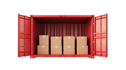 Red shipping container with boxes isolated on a transparent background