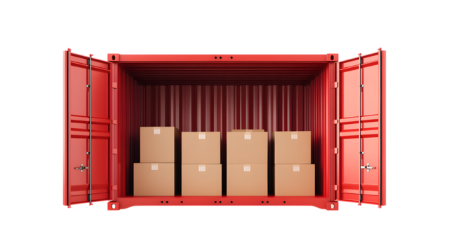 Red shipping container with boxes isolated on a transparent background